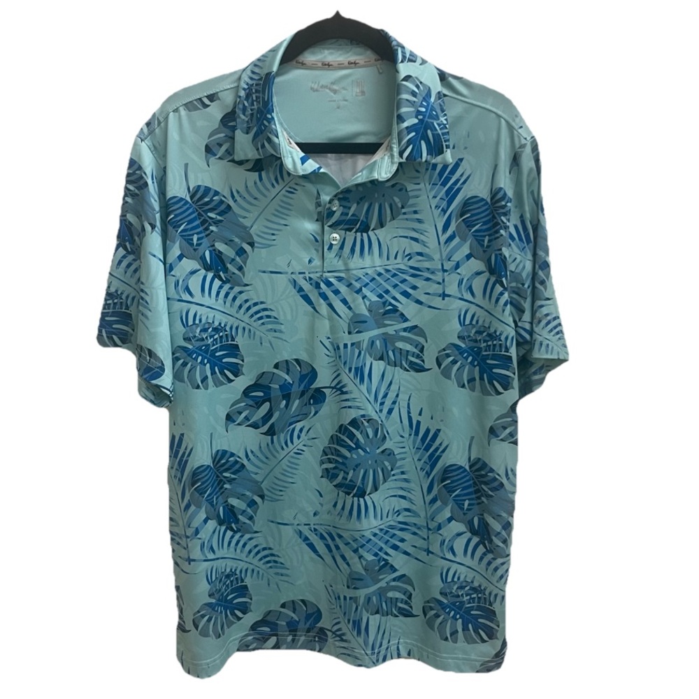 Walter Hagen Men’s Perfect 11 Tropical Palm Print Golf Polo Teal Blue Medium